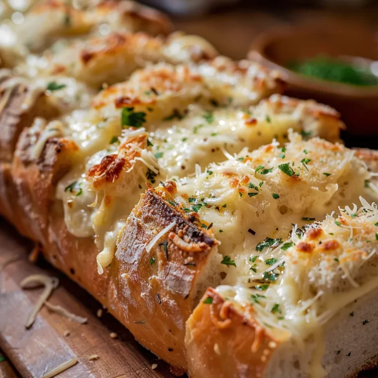 Close-up of cheesy garlic bread with golden crust and gooey cheese.