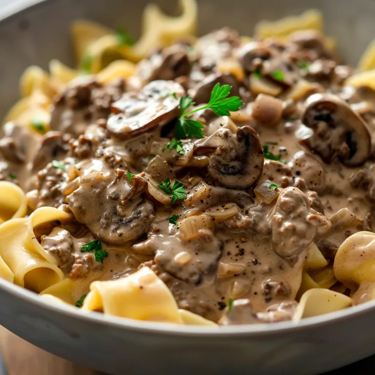 A close-up of creamy Ground Beef Stroganoff with egg noodles and mushrooms, garnished with parsley.