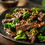 Close-up of a vibrant sheet pan featuring Chinese beef and broccoli, glistening with sauce.