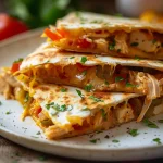 A close-up of a golden-brown chicken quesadilla filled with melted cheese and colorful vegetables.