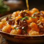 Close-up of a golden-brown Tater Tot Casserole, showcasing layers of beef, green beans, and melted cheese.