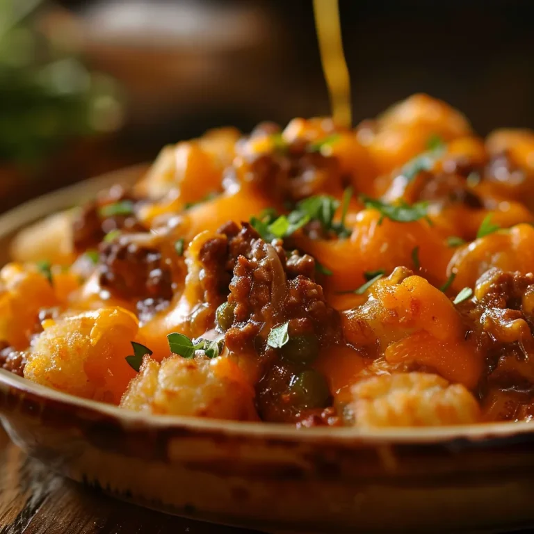 Close-up of a golden-brown Tater Tot Casserole, showcasing layers of beef, green beans, and melted cheese.