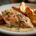 Close-up of a crispy chicken fillet covered in spicy cream sauce, served with golden fries and fresh parsley.