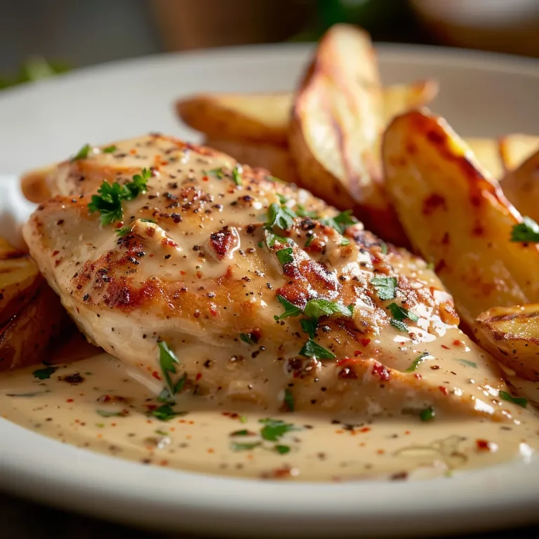 Close-up of a crispy chicken fillet covered in spicy cream sauce, served with golden fries and fresh parsley.