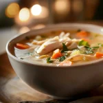 Close-up of a comforting chicken soup in a bowl, showcasing colorful vegetables and herbs.