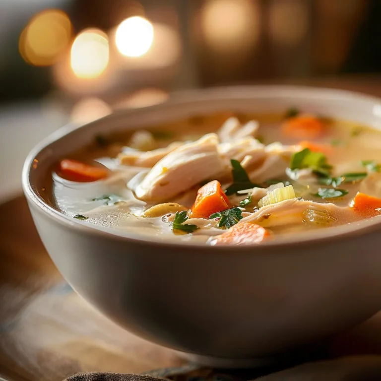 Close-up of a comforting chicken soup in a bowl, showcasing colorful vegetables and herbs.