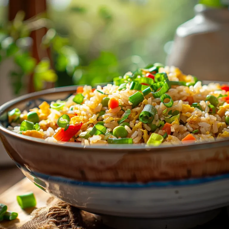 Close-up of a vibrant bowl of fried rice with vegetables and eggs, illuminated by soft natural light.