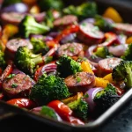 Close-up of a sheet pan filled with colorful cooked sausage and assorted vegetables.