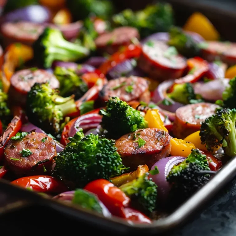 Close-up of a sheet pan filled with colorful cooked sausage and assorted vegetables.