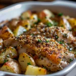 Close-up of Garlic Parmesan Chicken and diced potatoes, beautifully plated with a creamy sauce.