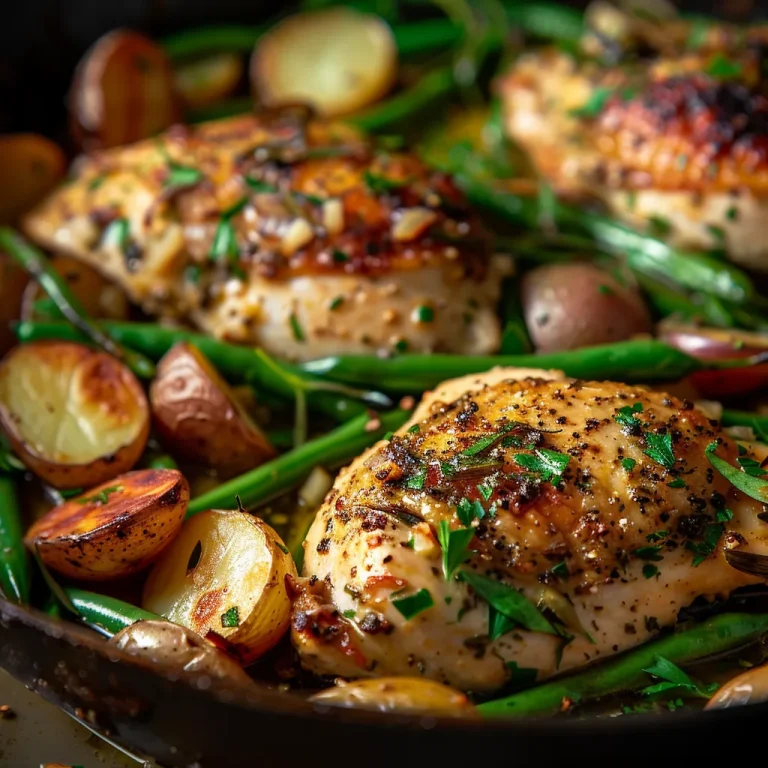 Close-up of one-pan garlic herb chicken with potatoes and green beans in warm lighting.
