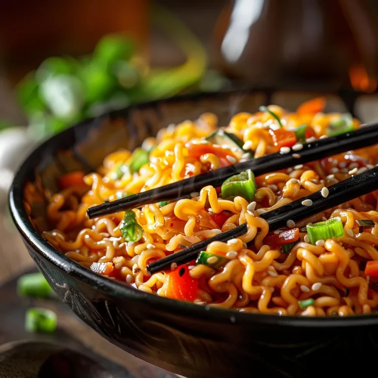 Close-up of vibrant vegan ramen noodles with mixed vegetables and a glossy sauce.