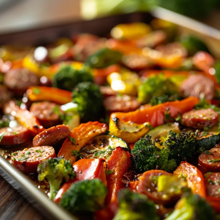 A colorful sheet pan filled with sliced smoked sausage and fresh vegetables including broccoli, bell pepper, and zucchini.
