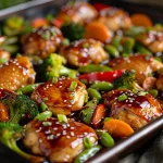 Close-up of Sheet Pan Teriyaki Chicken and colorful vegetables arranged on a baking sheet.