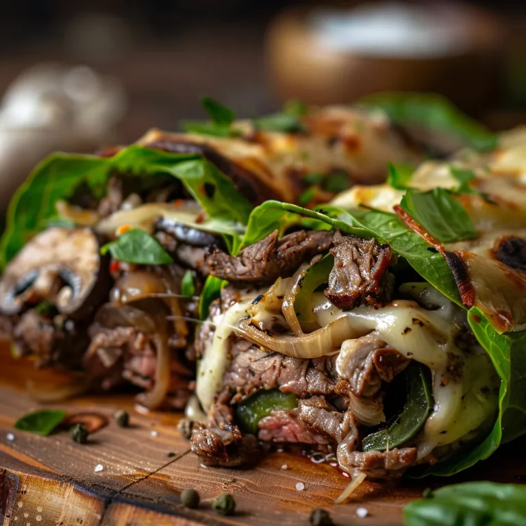 A close-up of Keto Philly Cheesesteak Rolls featuring beef, peppers, and cheese on a rustic wooden surface.