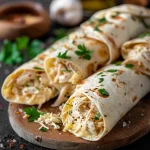 Close-up of Cheesy Garlic Chicken Wraps filled with shredded chicken and melted cheese, garnished with parsley.