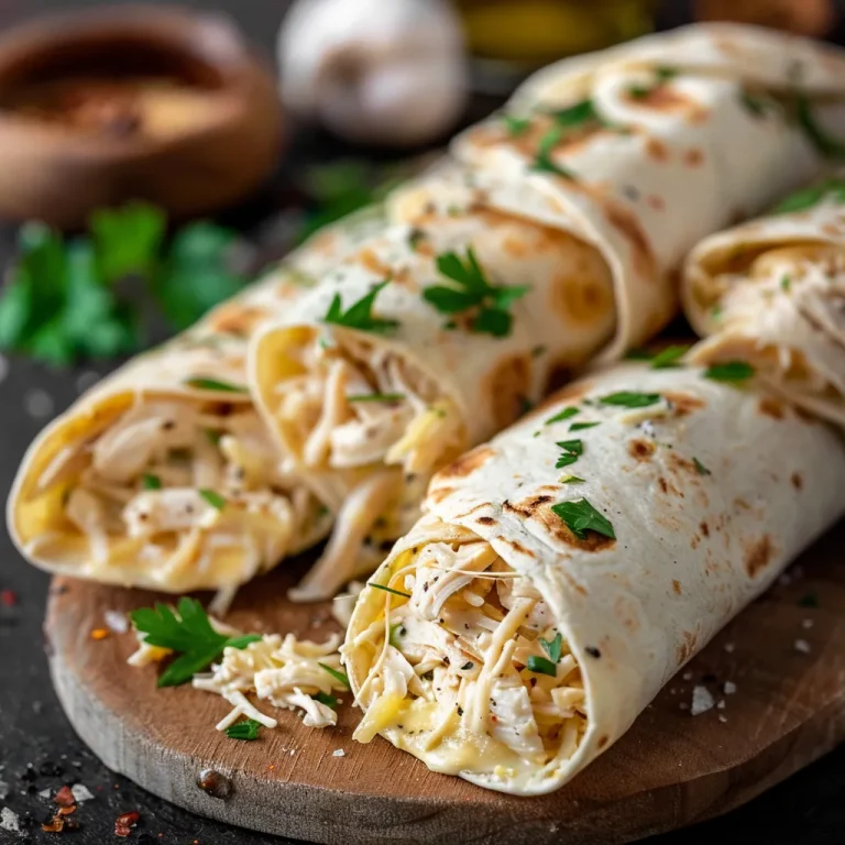 Close-up of Cheesy Garlic Chicken Wraps filled with shredded chicken and melted cheese, garnished with parsley.