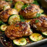A close-up view of hot honey garlic chicken thighs with sliced zucchini on a sheet pan, showcasing vibrant colors and textures.