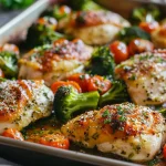 Close-up of Garlic Parmesan Sheet Pan Chicken with roasted vegetables.