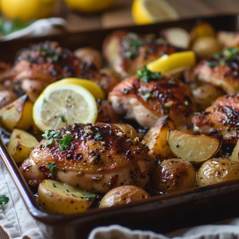 Close-up of Sheet Pan Lemon Balsamic Chicken and Potatoes, garnished with parsley.