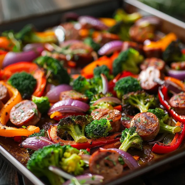 Close-up shot of a colorful sheet pan featuring sausage, broccoli, bell peppers, and red onion.