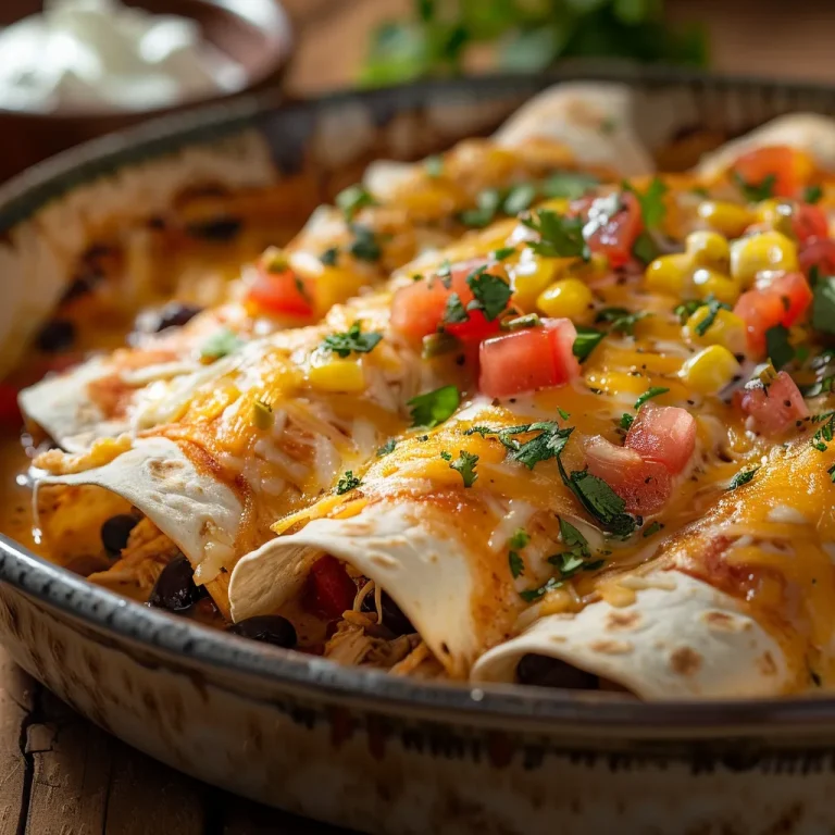Close-up of chicken enchiladas topped with cheese and herbs.