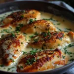 Close-up of creamy ranch chicken with melted cheese on top, garnished with parsley.