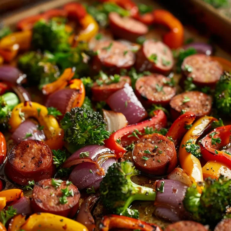 One-Pan Wonder: My Go-To Sheet Pan Sausage and Veggies Recipe Close-up of a colorful sheet pan featuring sliced smoked sausage and vibrant vegetables, illuminated by soft natural light.