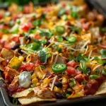 A close-up view of a sheet pan filled with colorful BBQ chicken nachos topped with cheese, black beans, corn, jalapeños, and green onions.