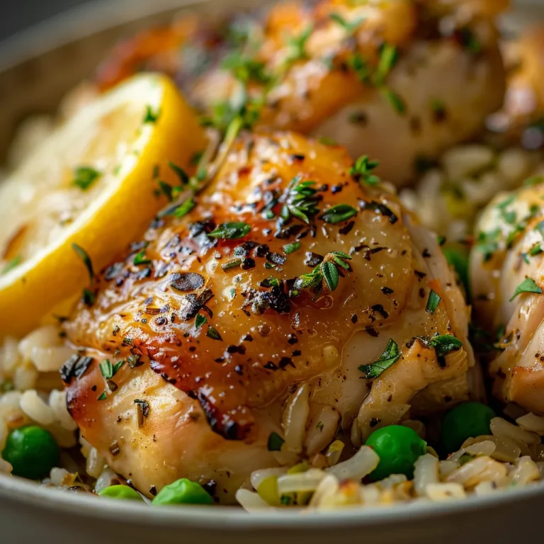 A close-up view of Slow Cooker Lemon Herb Chicken and Rice with herbs and lemon zest.