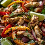 Close-up of colorful sheet pan chicken fajitas with sliced chicken, bell peppers, and onion.