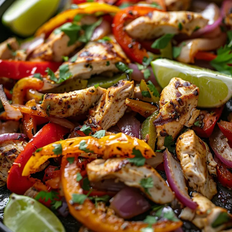 Close-up of colorful sheet pan chicken fajitas with sliced chicken, bell peppers, and onion.