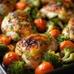 Close-up of golden-brown garlic butter chicken breasts surrounded by colorful broccoli, baby carrots, and cherry tomatoes on a sheet pan.