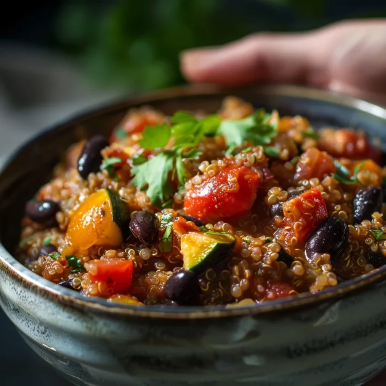 Close-up of a quinoa dinner plate featuring cherry tomatoes, bell peppers, zucchini, and black beans.