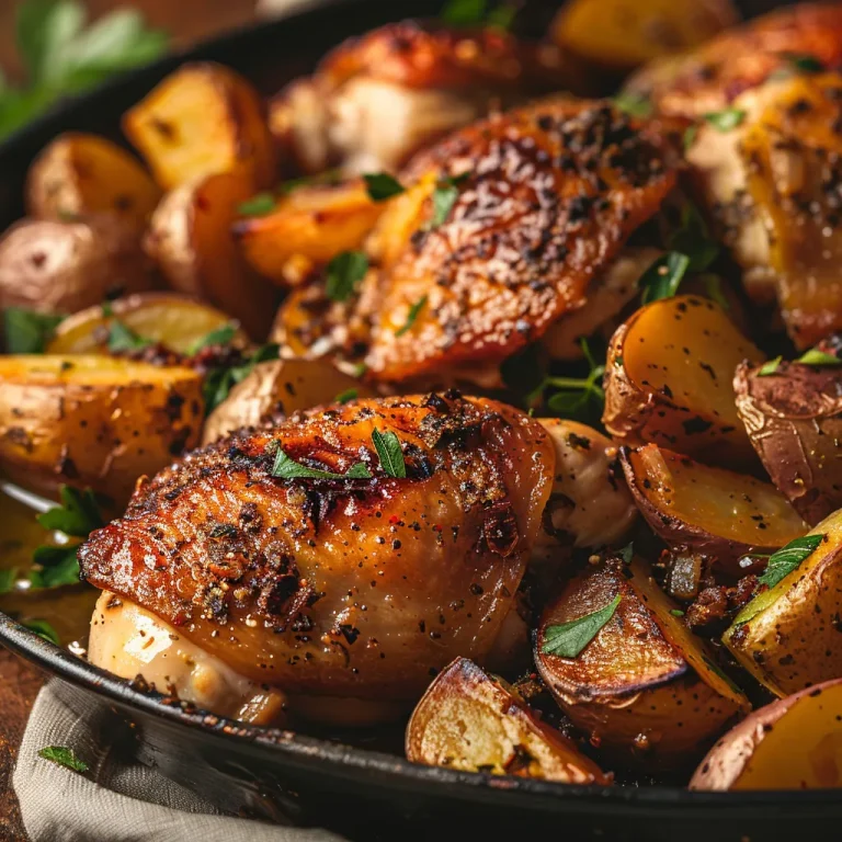 A close-up of a One-Pan Chicken and Potato Dinner, featuring golden-brown chicken thighs and crispy potatoes, surrounded by warm, natural light.