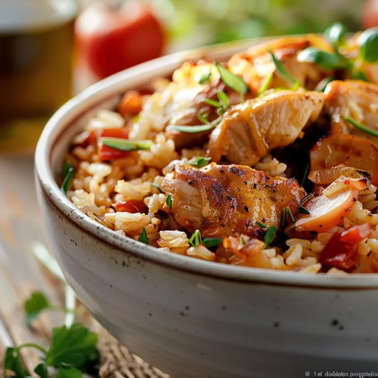 Close-up of Serbian Chicken Rice in a bowl, showcasing colorful ingredients and a warm, inviting appearance.