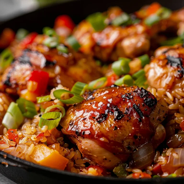 A close-up view of One-Pan Honey BBQ Chicken Rice with glistening chicken pieces, colorful vegetables, and fluffy rice.