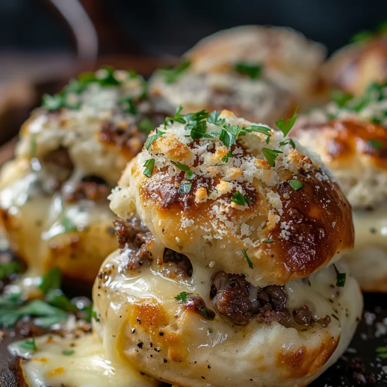 Close-up of a Garlic Parmesan Cheeseburger Bombs with a golden brown crust and melted cheese visible.