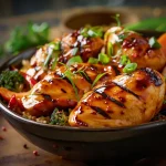 Close-up of honey BBQ chicken served with rice and mixed vegetables, elegantly arranged.
