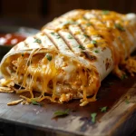 Close-up of a grilled cheese burrito filled with melted cheese and ground beef, resting on a rustic surface.