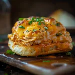 Close-up of Cheesy Dynamite Chicken Buns with melted cheese and vibrant garnishes.