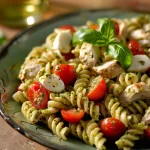 Close-up of a Chicken Pesto Pasta Salad with vibrant ingredients and fresh basil.