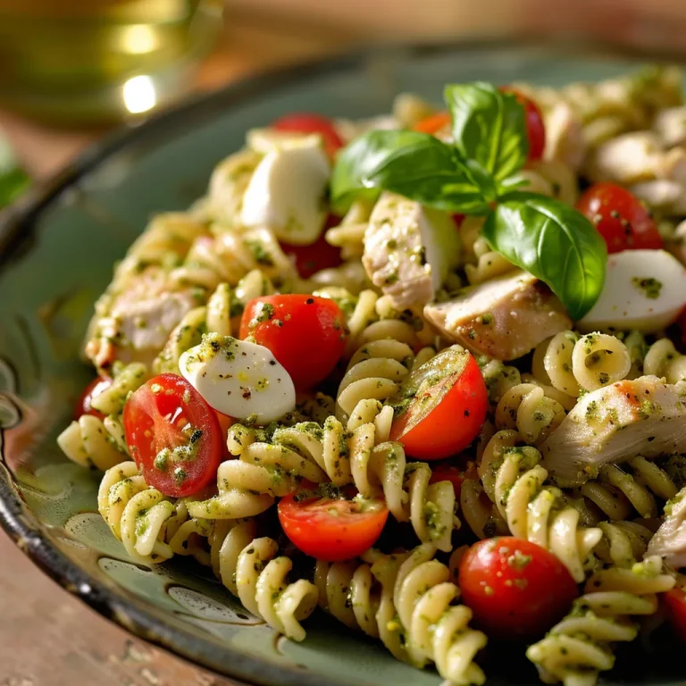 Close-up of a Chicken Pesto Pasta Salad with vibrant ingredients and fresh basil.