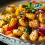 Close-up of a vibrant sheet pan gnocchi with colorful vegetables.