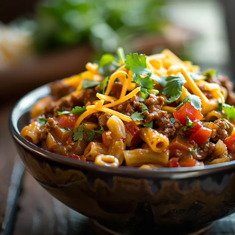 Close-up of One Pot Beef Taco Pasta with ground beef, pasta, and cheese.