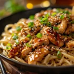 Close-up view of sticky garlic chicken noodles with green onions and sesame seeds.
