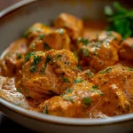 Close-up shot of creamy butter chicken with herbs on top.
