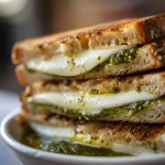 Close-up of a grilled cheese sandwich with pesto and mozzarella, showcasing its toasted bread and melted cheese.