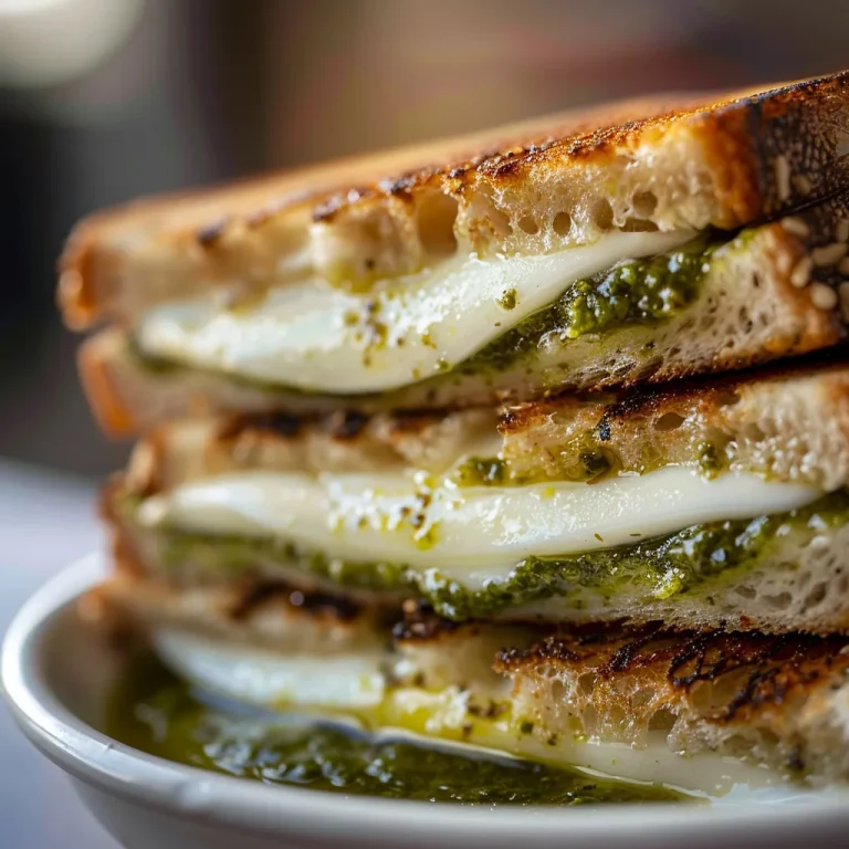 Close-up of a grilled cheese sandwich with pesto and mozzarella, showcasing its toasted bread and melted cheese.