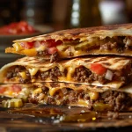 A close-up shot of golden, crispy Smashburger Quesadillas filled with beef, cheese, onions, and tomatoes.